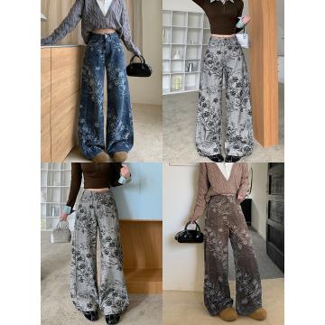 FA49174# 植绒雪尼尔加厚阔腿牛仔裤女秋冬水洗高腰宽松直筒拖地 服裝批發女裝批發服飾貨源