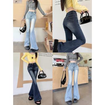FA49190# 高腰辣妹压褶猫须微喇叭牛仔裤女秋冬新款弹力修身百搭 服裝批發女裝批發服飾貨源