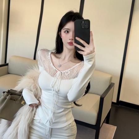 FA45802# 纯欲性感蕾丝镂空拼接修身内搭打底衫 服裝批發女裝批發服飾貨源
