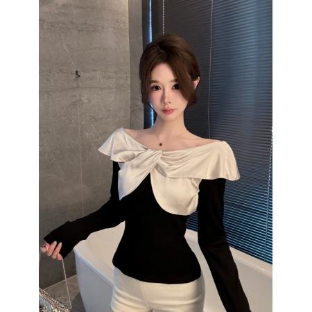 FA45803# 设计感一字领针织衫秋季新款修身显瘦高级感上衣 服裝批發女裝批發服飾貨源