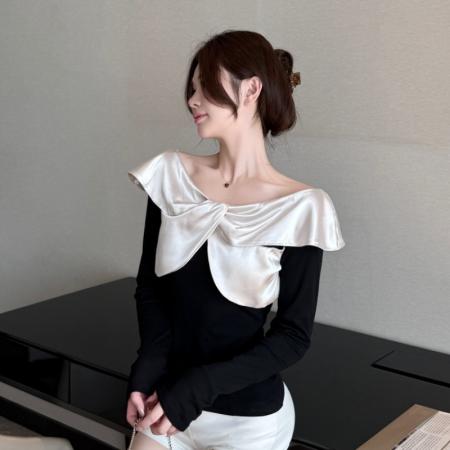 FA45803# 设计感一字领针织衫秋季新款修身显瘦高级感上衣 服裝批發女裝批發服飾貨源