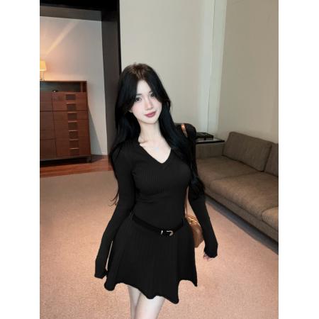 FA45804# 法式v领长袖针织连衣裙女带腰带 服裝批發女裝批發服飾貨源