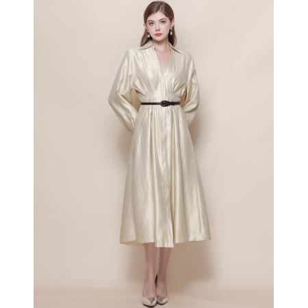 FA45806# 法式轻奢名媛风丝织锦缎收腰显瘦长袖V领连衣裙配腰带 服裝批發女裝批發服飾貨源