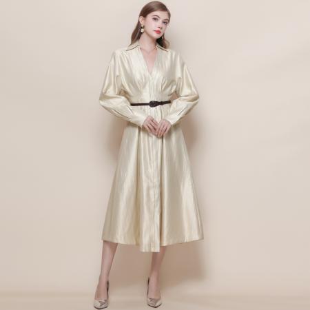 FA45806# 法式轻奢名媛风丝织锦缎收腰显瘦长袖V领连衣裙配腰带 服裝批發女裝批發服飾貨源