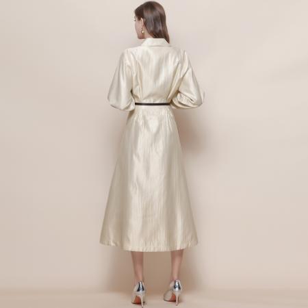 FA45806# 法式轻奢名媛风丝织锦缎收腰显瘦长袖V领连衣裙配腰带 服裝批發女裝批發服飾貨源