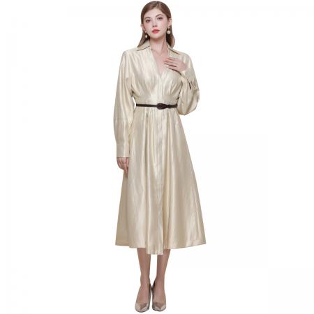 FA45806# 法式轻奢名媛风丝织锦缎收腰显瘦长袖V领连衣裙配腰带 服裝批發女裝批發服飾貨源