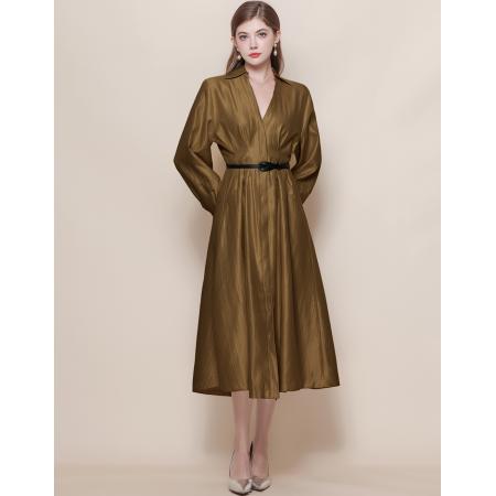 FA45807# 法式轻奢名媛风丝织锦缎收腰显瘦长袖V领连衣裙配腰带 服裝批發女裝批發服飾貨源