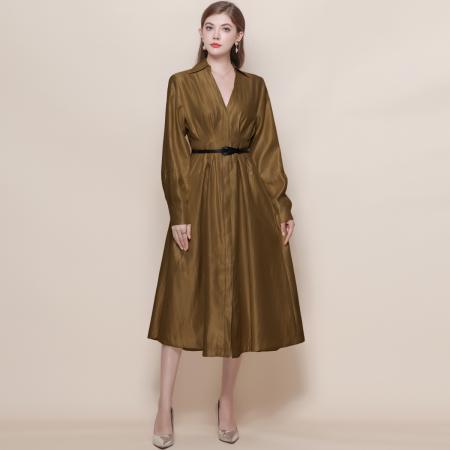 FA45807# 法式轻奢名媛风丝织锦缎收腰显瘦长袖V领连衣裙配腰带 服裝批發女裝批發服飾貨源