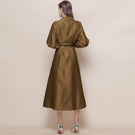 FA45807# 法式轻奢名媛风丝织锦缎收腰显瘦长袖V领连衣裙配腰带 服裝批發女裝批發服飾貨源