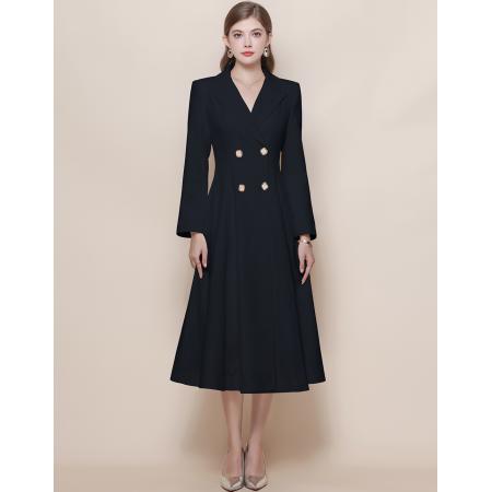 FA45808# 法式复古气质收腰显瘦双排扣大摆中长款风衣外套连衣裙 服裝批發女裝批發服飾貨源