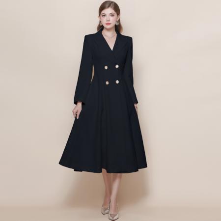 FA45808# 法式复古气质收腰显瘦双排扣大摆中长款风衣外套连衣裙 服裝批發女裝批發服飾貨源