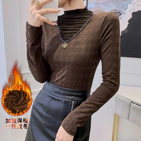 FA45811# 秋冬新款堆堆领拼接钉珠提花磨毛打底衫洋气蕾丝内搭显瘦上衣 服裝批發女裝批發服飾貨源