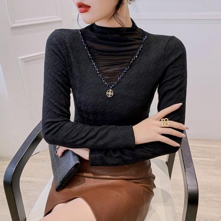 FA45811# 秋冬新款堆堆领拼接钉珠提花磨毛打底衫洋气蕾丝内搭显瘦上衣 服裝批發女裝批發服飾貨源