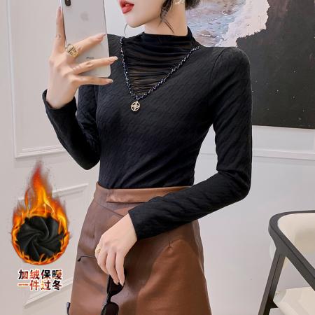 FA45811# 秋冬新款堆堆领拼接钉珠提花磨毛打底衫洋气蕾丝内搭显瘦上衣 服裝批發女裝批發服飾貨源