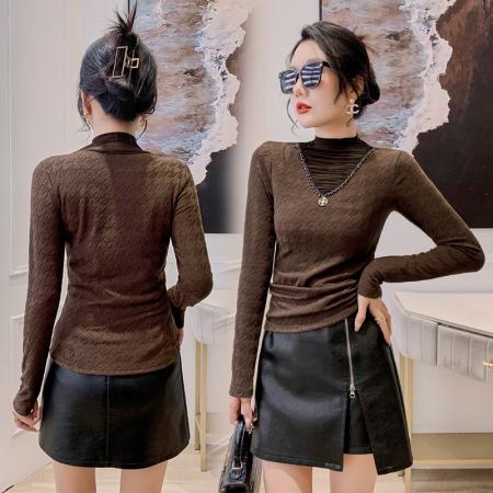 FA45811# 秋冬新款堆堆领拼接钉珠提花磨毛打底衫洋气蕾丝内搭显瘦上衣 服裝批發女裝批發服飾貨源