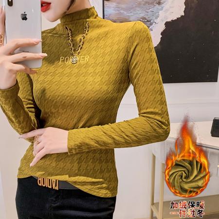 FA45812# 秋冬新款抓绒半高领刺绣钉珠打底衫保暖弹力修身显瘦内搭上衣 服裝批發女裝批發服飾貨源