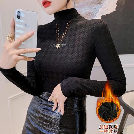 FA45812# 秋冬新款抓绒半高领刺绣钉珠打底衫保暖弹力修身显瘦内搭上衣 服裝批發女裝批發服飾貨源