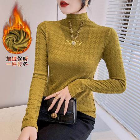 FA45812# 秋冬新款抓绒半高领刺绣钉珠打底衫保暖弹力修身显瘦内搭上衣 服裝批發女裝批發服飾貨源