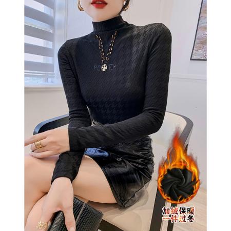 FA45812# 秋冬新款抓绒半高领刺绣钉珠打底衫保暖弹力修身显瘦内搭上衣 服裝批發女裝批發服飾貨源