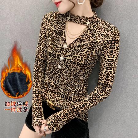 FA45813# 秋冬新款加绒加厚保暖女士打底衫豹纹网纱通勤显瘦小心机洋气上衣 服裝批發女裝批發服飾貨源