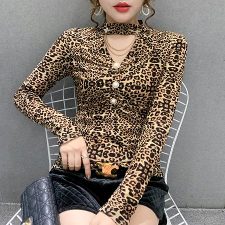 FA45813# 秋冬新款加绒加厚保暖女士打底衫豹纹网纱通勤显瘦小心机洋气上衣 服裝批發女裝批發服飾貨源