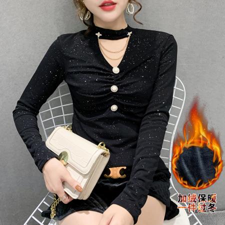 FA45813# 秋冬新款加绒加厚保暖女士打底衫豹纹网纱通勤显瘦小心机洋气上衣 服裝批發女裝批發服飾貨源