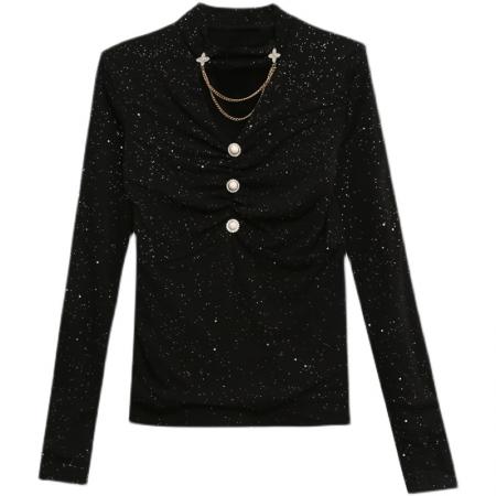 FA45813# 秋冬新款加绒加厚保暖女士打底衫豹纹网纱通勤显瘦小心机洋气上衣 服裝批發女裝批發服飾貨源