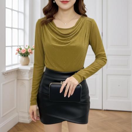 FA45816# 秋季新款优雅坠领长袖上衣洋气烫钻褶皱气质网纱小衫 服裝批發女裝批發服飾貨源