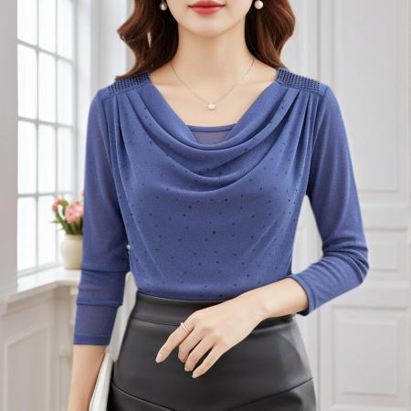 FA45816# 秋季新款优雅坠领长袖上衣洋气烫钻褶皱气质网纱小衫 服裝批發女裝批發服飾貨源