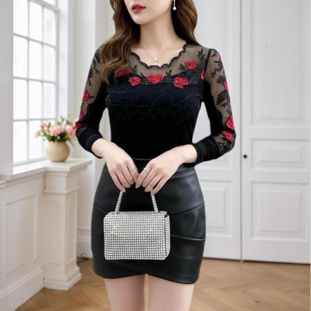 FA45817# 秋季新款长袖优雅花边烫钻上衣气质收腰型网眼百搭t恤 服裝批發女裝批發服飾貨源