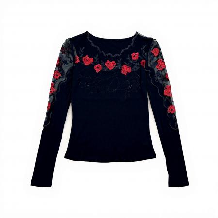 FA45817# 秋季新款长袖优雅花边烫钻上衣气质收腰型网眼百搭t恤 服裝批發女裝批發服飾貨源