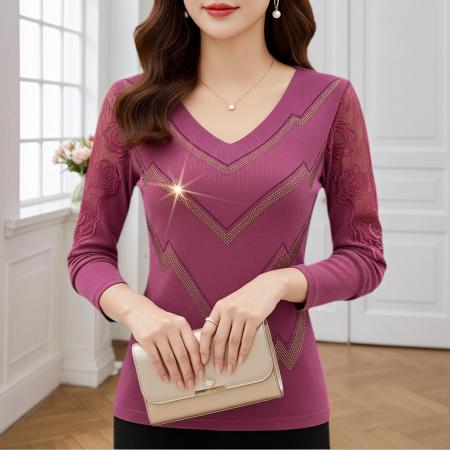 FA45818# 秋季新款女士长袖v领气质上衣洋气烫钻蕾丝袖拼接修身型网纱t恤 服裝批發女裝批發服飾貨源