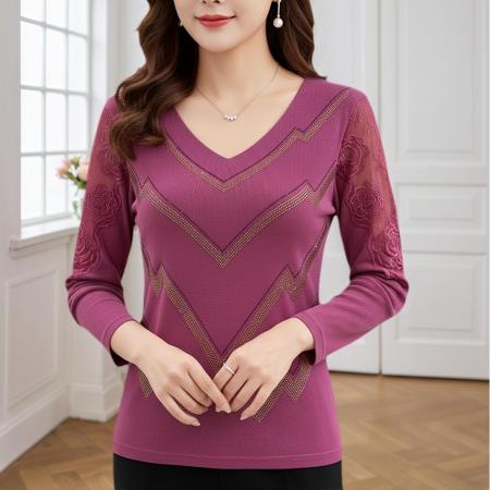 FA45818# 秋季新款女士长袖v领气质上衣洋气烫钻蕾丝袖拼接修身型网纱t恤 服裝批發女裝批發服飾貨源