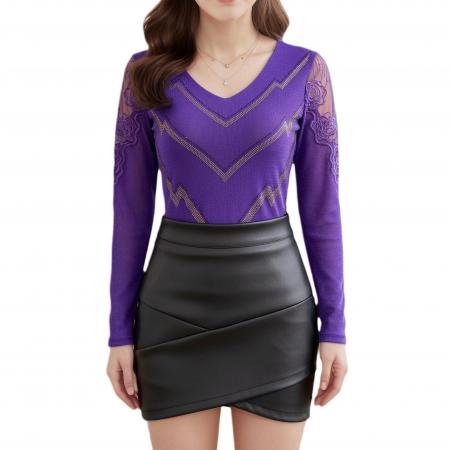 FA45818# 秋季新款女士长袖v领气质上衣洋气烫钻蕾丝袖拼接修身型网纱t恤 服裝批發女裝批發服飾貨源