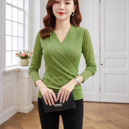 FA45819# 秋季新款交叉V领时尚烫钻长袖上衣修身型侧身褶皱显瘦优雅上衣 服裝批發女裝批發服飾貨源