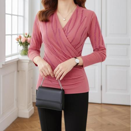 FA45819# 秋季新款交叉V领时尚烫钻长袖上衣修身型侧身褶皱显瘦优雅上衣 服裝批發女裝批發服飾貨源