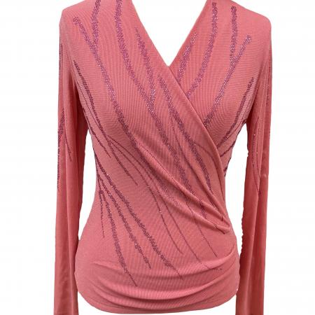 FA45819# 秋季新款交叉V领时尚烫钻长袖上衣修身型侧身褶皱显瘦优雅上衣 服裝批發女裝批發服飾貨源