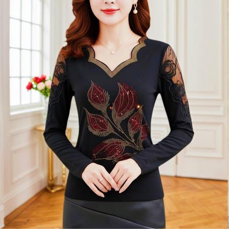 FA45820# 秋季新款v领花边长袖上衣优雅烫钻收腰型气质百搭t恤 服裝批發女裝批發服飾貨源