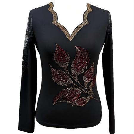 FA45820# 秋季新款v领花边长袖上衣优雅烫钻收腰型气质百搭t恤 服裝批發女裝批發服飾貨源