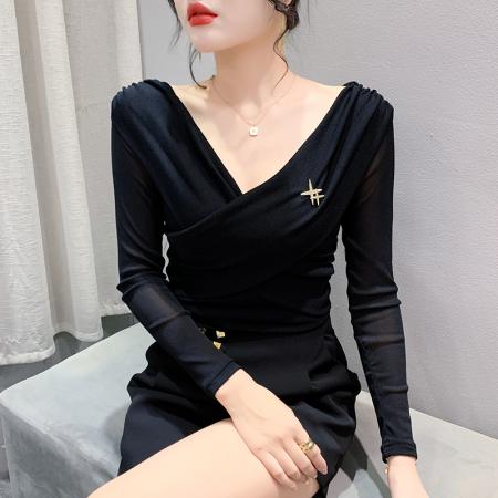 FA45821# 秋季新款v领气质修身交叉扭结设计感上衣柔软洋气显瘦小衫 服裝批發女裝批發服飾貨源