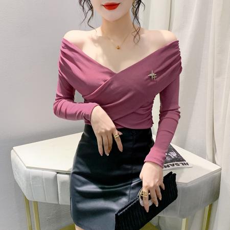 FA45821# 秋季新款v领气质修身交叉扭结设计感上衣柔软洋气显瘦小衫 服裝批發女裝批發服飾貨源