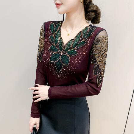 FA45822# 秋季新款v领长袖上衣优雅花边拼接烫钻网纱收腰气质打底衫 服裝批發女裝批發服飾貨源