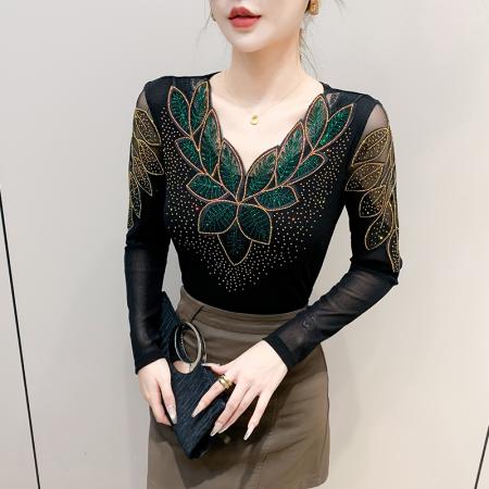 FA45822# 秋季新款v领长袖上衣优雅花边拼接烫钻网纱收腰气质打底衫 服裝批發女裝批發服飾貨源