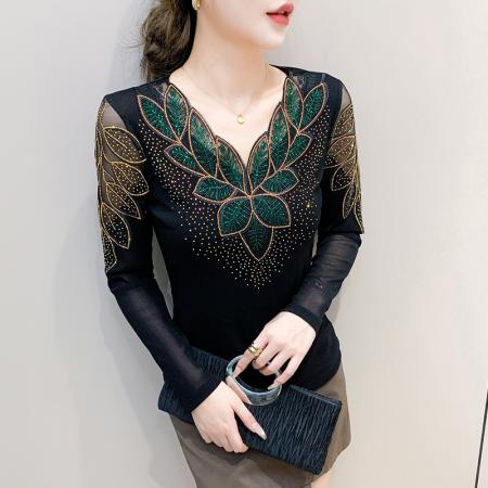 FA45822# 秋季新款v领长袖上衣优雅花边拼接烫钻网纱收腰气质打底衫 服裝批發女裝批發服飾貨源