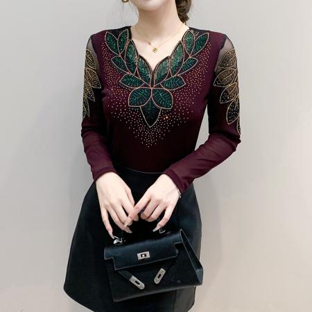 FA45822# 秋季新款v领长袖上衣优雅花边拼接烫钻网纱收腰气质打底衫 服裝批發女裝批發服飾貨源