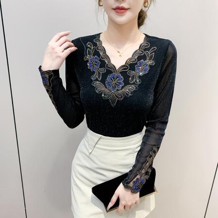 FA45823# 秋季新款v领长袖上衣优雅花边拼接烫钻洋气网纱收腰气质t恤 服裝批發女裝批發服飾貨源