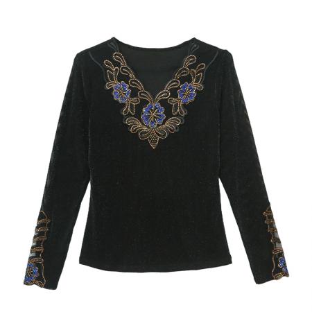 FA45823# 秋季新款v领长袖上衣优雅花边拼接烫钻洋气网纱收腰气质t恤 服裝批發女裝批發服飾貨源