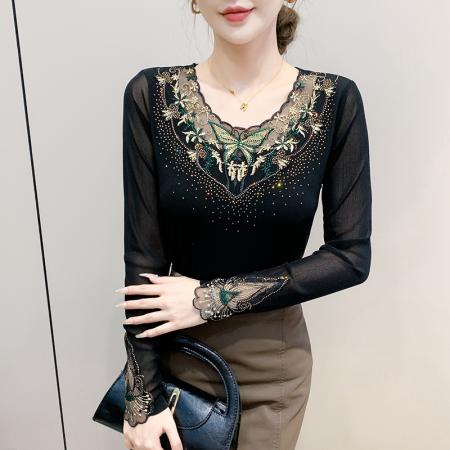 FA45824# 秋季新款v领长袖上衣优雅花边拼接烫钻洋气网纱收腰气质t恤 服裝批發女裝批發服飾貨源