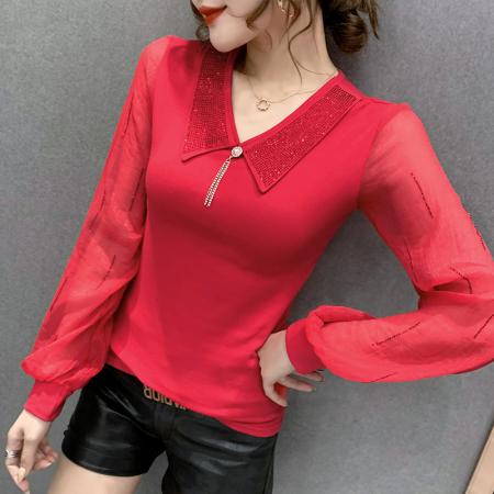 FA45825# 镶钻娃娃领秋装上衣新款时尚洋气雪纺袖高档修身显瘦小衫 服裝批發女裝批發服飾貨源