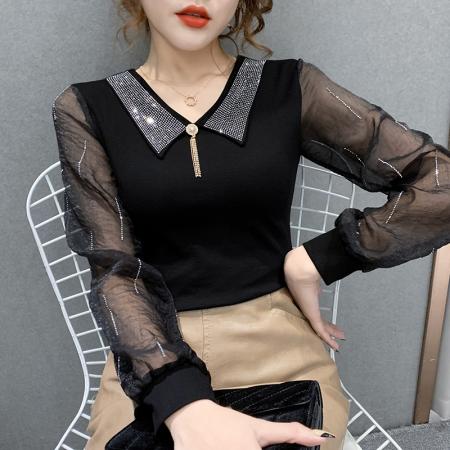 FA45825# 镶钻娃娃领秋装上衣新款时尚洋气雪纺袖高档修身显瘦小衫 服裝批發女裝批發服飾貨源